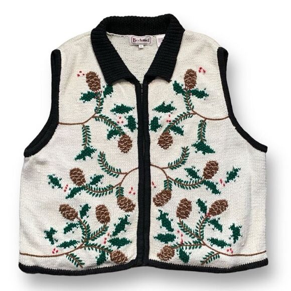 Vintage Bechamel Printed Knit Sweater Vest Winter Pine Cone Knit Sweater Zip Up - Picture 11 of 11